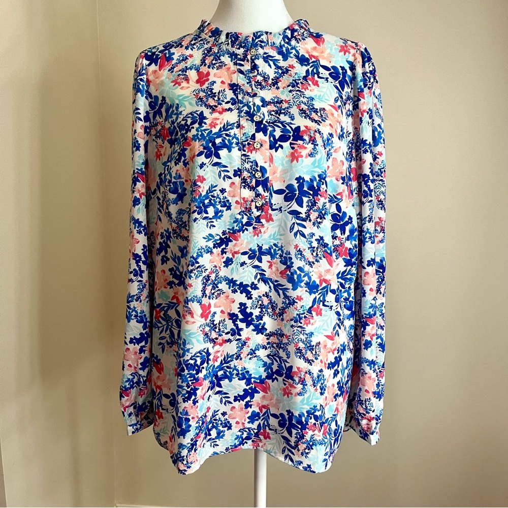 Talbots Women’s Floral Blouse - Blue and Pink, Size L